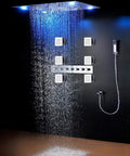 Brushed Nickel Recessed LED Rainfall Shower System With Thermostatic Valve And Handheld Sprayer Slick Flush Mount Design with LED lights.