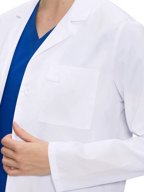 Womens Lab Coat With Three Pockets Medical Lab Coat For Science Chemistry And College White Medium All Day Comfort Breathable 65 Polyester 35 Cotton Twill Quick Dry Low Wrinkle Easy Care Professional Fit showing pocket detail