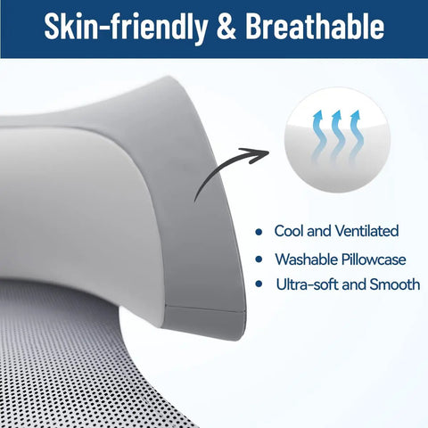 Close-up of ergonomic neck pillow for recliners and couches, memory foam headrest cushion showing breathable and washable cover.