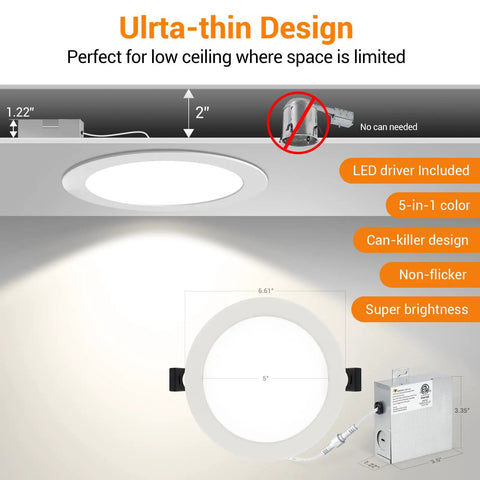 Diagram of Six-Pack 6-Inch LED Recessed Ceiling Lights Ultra-Thin Canless Downlights With 5CCT Switch 2700K-5000K features.