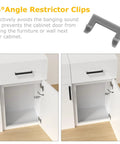 Image showing 86° angle restrictor clips preventing cabinet door slamming and wall damage, part of 30 Pack Cabinet Door Angle Restriction Clips for 90 Degree Limit.