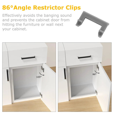 Image showing 86° angle restrictor clips preventing cabinet door slamming and wall damage, part of 30 Pack Cabinet Door Angle Restriction Clips for 90 Degree Limit.