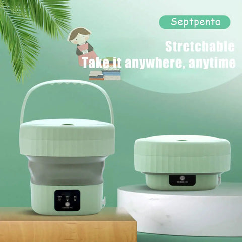 Portable 6L Mini Washing Machine With Foldable Design And Drain Valve for apartments and travel, shown in green, resting on a table.