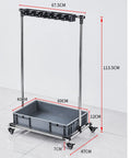 Stainless Steel Heavy Duty Floor Standing Mop Hanger And Broom Rack Organizer with 6 hooks, dimensions marked, on wheels.