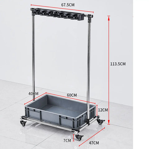 Stainless Steel Heavy Duty Floor Standing Mop Hanger And Broom Rack Organizer with 6 hooks, dimensions marked, on wheels.