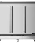 Built Tough Hella Spacious 72 Cubic Foot Commercial Refrigerator 82 Inch Wide Stainless Steel Reach In Upright Three Door Fridge With Auto Defrost And Smooth Roll Casters For Kitchen Pros, front view.