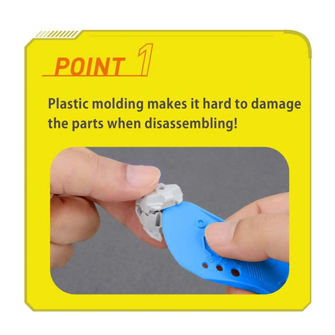 Parts Separator Tool For Hobby Model Kits, Glue-Free Assembly, showing hands using the blue tool to disassemble a kit part.