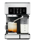 Sleek Green Espresso And Cold Brew Coffee Maker With Premium Barista Gear brewing espresso latte with milk frother.