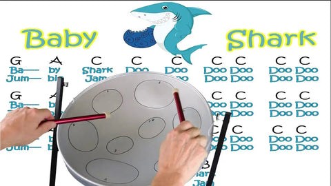 Hands playing Authentic USA Made Steel Drum Set With Tube Floor Stand, 16 inch pan with song lyrics in background.