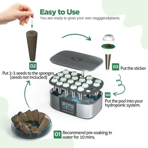 All In One Hydroponic Seed Pod Kit With 172 Pieces Including 60 Growing Sponges, 25 Baskets, 25 Germination Domes, 60 Label Stickers, And 2 Nutrients For Easy No Fuss Soil Free Year Round Indoor Growing Setup installation steps