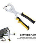 Handheld Hole Punch Pliers Stainless Steel Belt Puncher Tool with double lever mechanism, shown punching a leather belt