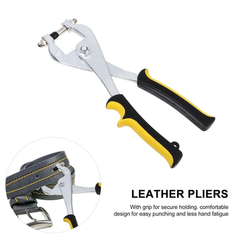 Handheld Hole Punch Pliers Stainless Steel Belt Puncher Tool with double lever mechanism, shown punching a leather belt