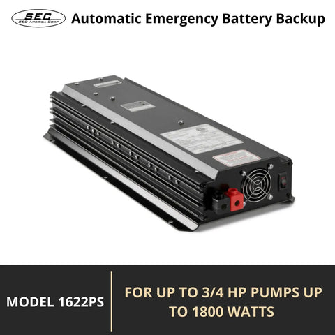Straight Up Solid Sump Pump Battery Backup System With Automatic Power Outage Switch 1800 Watt Cs And Ul Rated Compact Design, black aluminum chassis.