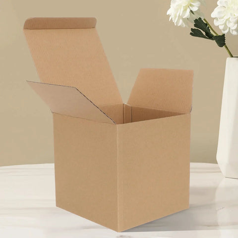 Open Six Pack Small Kraft Corrugated Shipping Boxes For Parcel Packing And Retail, 5.91 Inch Size, on a table with flowers