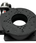 Pro Grade Hollow Shaft Worm Drive Motorized Rotary Index Table with Synced Step Driver, black with central hole for precise positioning.