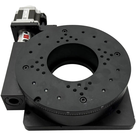 Pro Grade Hollow Shaft Worm Drive Motorized Rotary Index Table with Synced Step Driver, black with central hole for precise positioning.