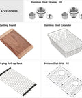 Free accessories for 33 Inch Undermount Double Bowl Kitchen Sink Stainless Steel 16 Gauge Deep Basins include a solid cutting board and colander
