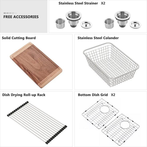 Free accessories for 33 Inch Undermount Double Bowl Kitchen Sink Stainless Steel 16 Gauge Deep Basins include a solid cutting board and colander