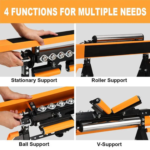 4 In 1 Work Center Roller Stand With 440 Lbs Capacity showing stationary, roller, ball, and V-shaped supports for woodworking.