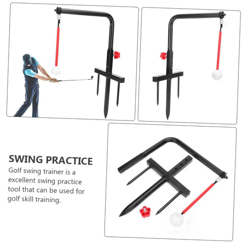 Iron Swing Training Tool Golf Practice Gear for Accurate Posture and Swing Portable Outdoor Swing Trainer shown in parts and setup.