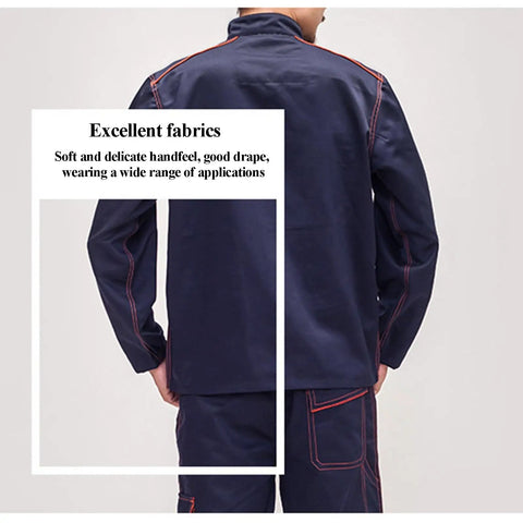 Mens Heavy Duty Long Sleeve Work Set With Strategic Multi Pocket Layout Durable Poly Cotton Blend Designed For The Daily Grind Kickass Shop Ready Uniform For Mechanics Engineers Welders, showcasing the back view and unique fabric details.