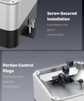 No Sweat Automatic Fish Feeder For Koi Ponds Featuring Foolproof Vacation Mode showing screw-secured installation and portion control plugs.