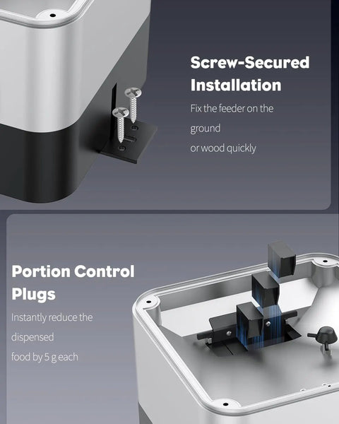 No Sweat Automatic Fish Feeder For Koi Ponds Featuring Foolproof Vacation Mode showing screw-secured installation and portion control plugs.