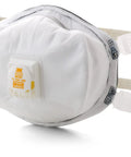 Disposable N100 Particulate Respirator With Exhalation Valve NIOSH Approved for Non Oil Based Particles, white mask with straps