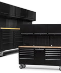 Badass Heavy Duty Tool Chest And Rolling Cabinet Two Pack Workhorse Featuring Twenty Six Deep Slide Out Drawers in black finish on wheels.