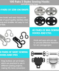 Must Have 100 Pairs Hook And Eye Set With Skirt And Bra Hooks And Eyes And Sew On Snaps In 3 Styles Silver And Black For DIY Sewing Crafting And Clothing Repairs