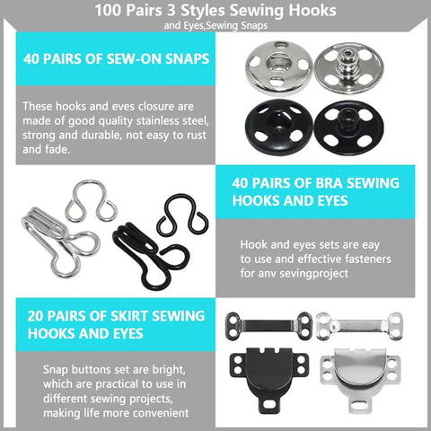 Must Have 100 Pairs Hook And Eye Set With Skirt And Bra Hooks And Eyes And Sew On Snaps In 3 Styles Silver And Black For DIY Sewing Crafting And Clothing Repairs