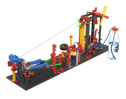Crazy Reactions Building Kit 428 Components To Build Any Of Three Models, Hook It Up With Chain Reactions And Funny Machines, Expandable With Everyday Objects For Wild Creative Experiments, black plastic chain-reaction set with bottles and ramps