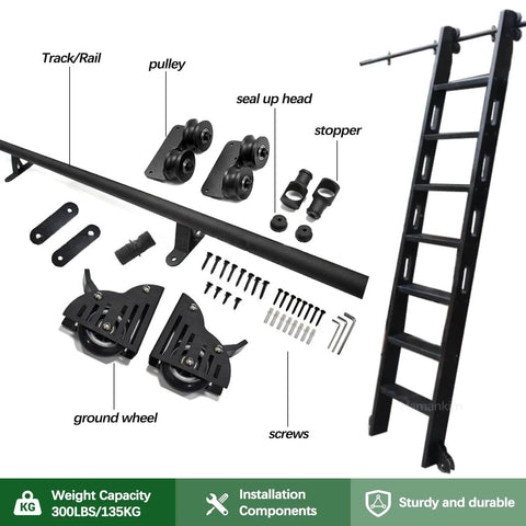 Heavy Duty Industrial Rolling Ladder Hardware Kit With Adjustable Carbon Steel Track, Quiet Smooth Sliding Rails, 300 Lb Load Capacity