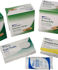 Unishield first aid refills: plastic strip, elastic strip, knuckle bandages, eye pads, triangular bandage, gauze roll