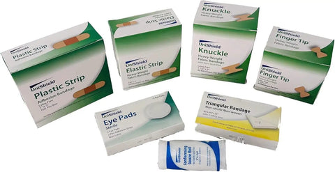 Heavy Duty Class A First Aid Refill Kit Loaded With Essential Tablets And Emergency Medical Gear For Restaurants And Local Shops Without Cabinet, featuring various adhesive bandages and gauze.