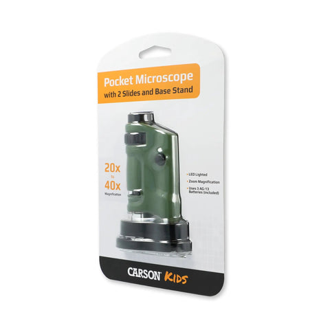 LED Lighted Pocket Microscope With 20x To 40x Zoom For Clear Close Ups Ultra Portable 2 Ounce Handheld Scope Includes Two Slides And Base Stand Compact 3.9 By 2.1 By 1.1 Inch Body Great For Students Hobbyists Science Buffs And On The Go Field Work. packaging front view