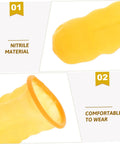 Top Shelf 100 Pack Yellow Latex Finger Sleeves Made To Straight Up Shield Blister Friction And Pain For Heavy Lifting Daily Tasks Smooth Moves And Maximum Grip showing nitrile material and comfortable design.