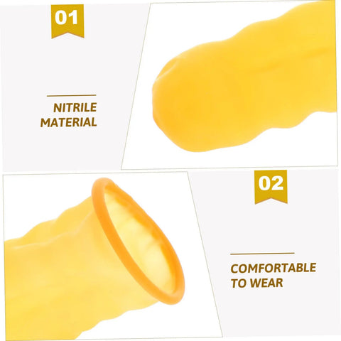 Top Shelf 100 Pack Yellow Latex Finger Sleeves Made To Straight Up Shield Blister Friction And Pain For Heavy Lifting Daily Tasks Smooth Moves And Maximum Grip showing nitrile material and comfortable design.
