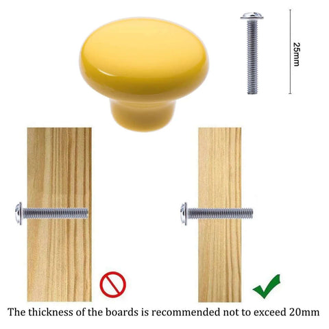 Six Piece Set Of Round Ceramic Kitchen Cabinet Knobs In Bright Yellow, 32mm knob with screw, easy mounting for furniture.