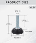 Hella Durable Threaded Furniture Feet Four Pack Adjustable Leveling Legs 5/16 To 18 Threads Galvanized Steel with dimensions shown.