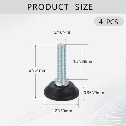 Hella Durable Threaded Furniture Feet Four Pack Adjustable Leveling Legs 5/16 To 18 Threads Galvanized Steel with dimensions shown.