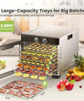 Real Deal Professional Grade Food Dehydrator Featuring Eight Heavy Duty Stainless Steel Trays And No Sweat Digital Controls For Smooth Jerky Fruit Meat Drying Daily showing trays with dried fruits and beef jerky.