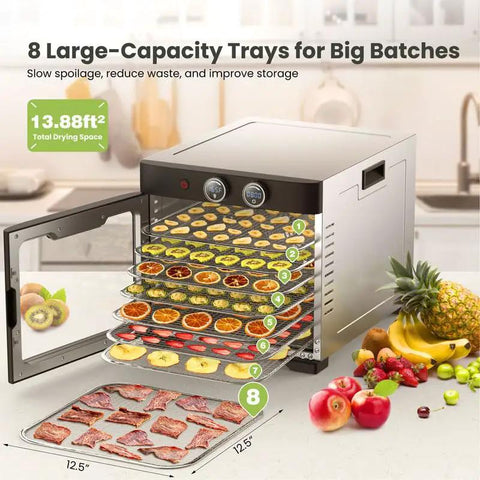 Real Deal Professional Grade Food Dehydrator Featuring Eight Heavy Duty Stainless Steel Trays And No Sweat Digital Controls For Smooth Jerky Fruit Meat Drying Daily showing trays with dried fruits and beef jerky.