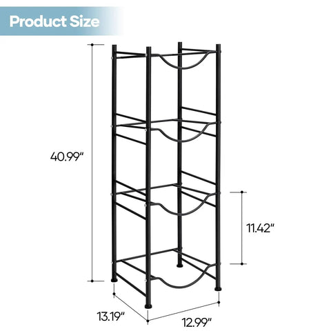 Heavy Duty Steel 5 Gallon Water Jug Rack Space Saving Water Bottle Holder Stand for Dispenser Beefy Bottle Rack Built to Last Fits Large Jugs Durable Storage Solution, showing dimensions and tiered structure.