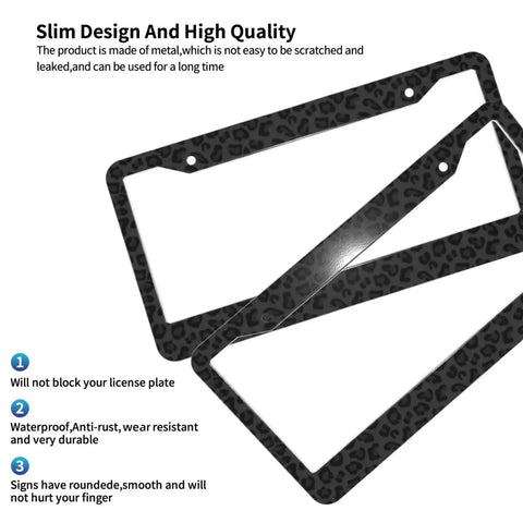 Leopard Print License Plate Frame Black Aluminum With Screws Dope Two Hole Mount Standard Size 12.3 By 6.3 Inches Car Tag Holder