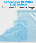 Heavy Duty Reclosable Poly Bags 8x10 Inches Pack of 15, 4 Mil Thick, Rustproof Shield With Vapor Corrosion Inhibitor, Fits Metal, Electronics, Machinery, Automotive Parts, Waterproof Packaging for Long-Lasting Protection; size range display with nested bags