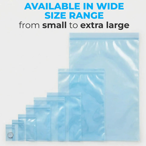 Heavy Duty Reclosable Poly Bags 8x10 Inches Pack of 15, 4 Mil Thick, Rustproof Shield With Vapor Corrosion Inhibitor, Fits Metal, Electronics, Machinery, Automotive Parts, Waterproof Packaging for Long-Lasting Protection; size range display with nested bags