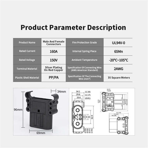 Heavy Duty DC Battery Connectors For Forklifts 150V 80A 160A 320A Power Plug And Wire Set Male And Female With 100cm Cables Easy Install Industrial Grade Charging And Power Distribution Kit product specs diagram, 96x69mm connector