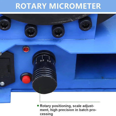 Close-up of rotary micrometer control on Heavy Duty Manual Hydraulic Hose Crimper With Seven Quick Swap Die Sets for use in precision adjustments.