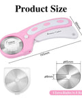 Versatile 45mm Rotary Cutter For Fabric With Five Extra Blades, Ergonomic Roller Cutter Design shown with dimensions and spare blades